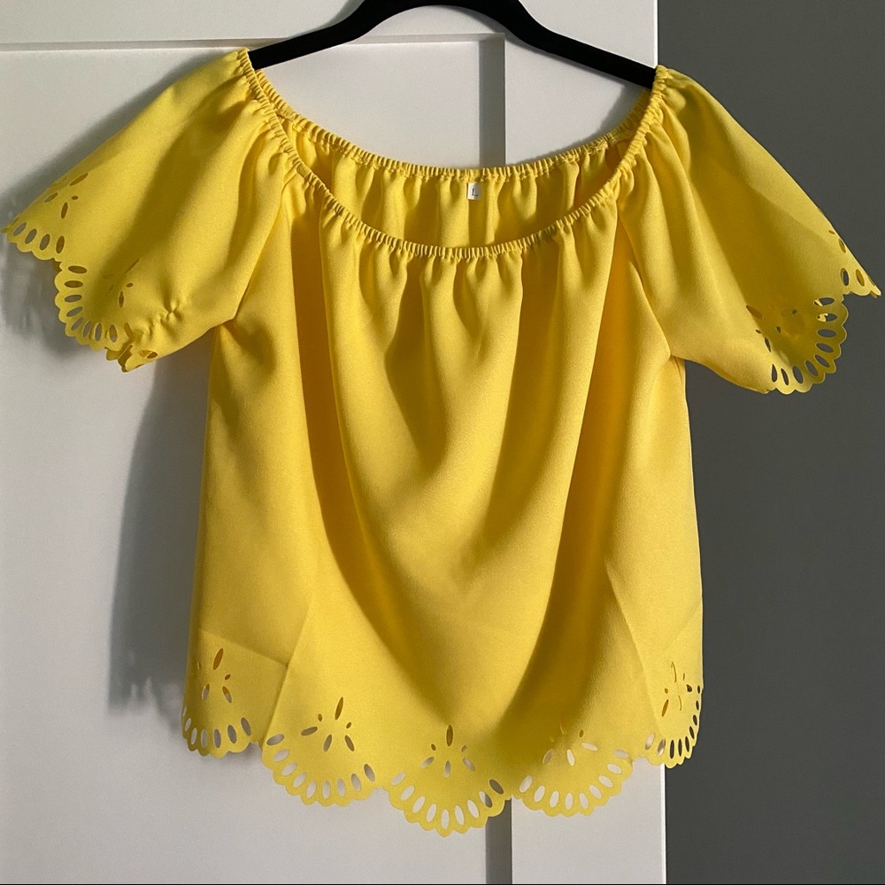 SHEIN Laser Cut Out Bardot Blouse Yellow